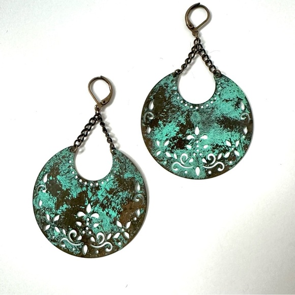 Boho Turquoise Verdigris Crescent Moon Earrings - Picture 3 of 9